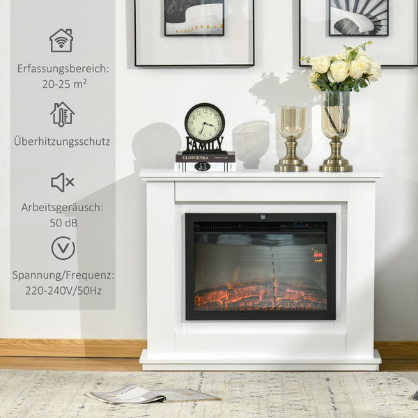 Weißer Elektrokamin mit Flammeneffekt in hellem Wohnzimmer. Technische Daten: Bereich 20 bis 25 Quadratmeter, Überhitzungsschutz, 50 Dezibel.
