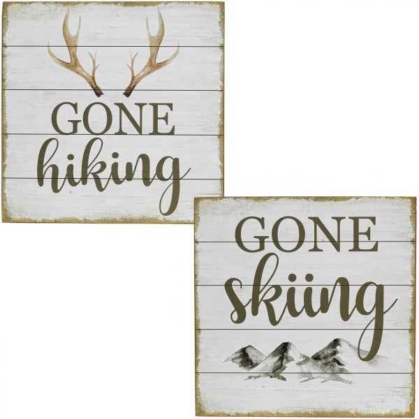 Dekorative Holzschilder mit den Aufschriften 'Gone Hiking' und 'Gone Skiing'