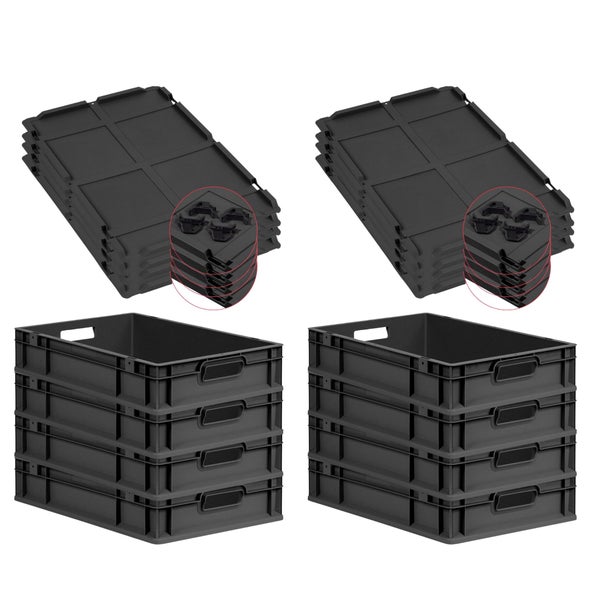 PROREGAL SuperSparSet 8x Eurobox NextGen Grip mit Auflagedeckel inkl. 4 schwarzen Schiebeschnappverschlüssen, HxBxT 12x40x60cm, 23 Liter, Schwarz, Griffe offen, Eurobehälter, Transportbox, Transportbehälter, Stapelbehälter