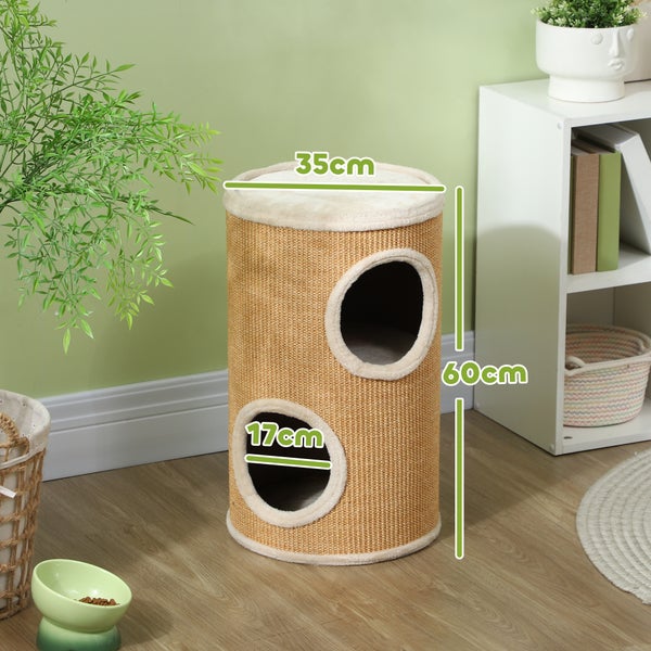 PawHut Kratztonne, 60 cm Hoch Katzentonne mit 2 Höhle, Kratzbaum, Katzenturm aus Sisal, für Katze bis 5 kg, Braun