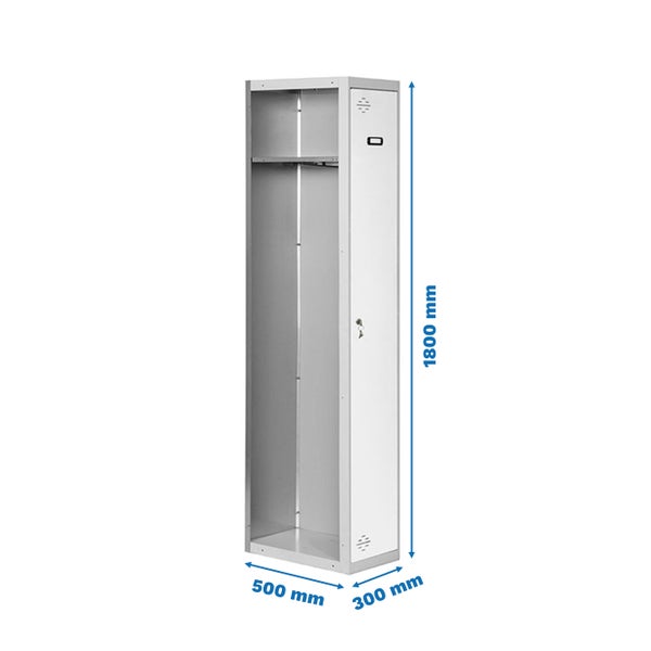 Metall Garderobenschrank mit den Maßen 1800 mm Höhe, 500 mm Breite und 300 mm Tiefe.