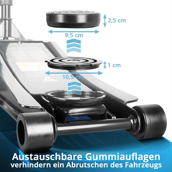 Rangierwagenheber mit austauschbaren Gummiauflagen und Maßangaben.