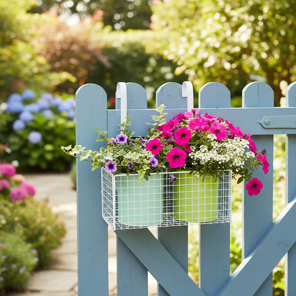 Weißer Gitter-Balkonkasten mit zwei grünen Metalltöpfen und bunten Blumen an einem blauen Holzgartenzaun.