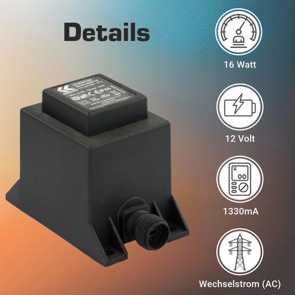 Wechselstrom-Adapter mit 16 Watt, 12 Volt und 1330 Milliampere.
