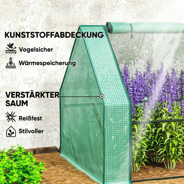 Gewächshaus mit gitterverstärkter Kunststoffabdeckung, Vogelschutz, Wärmespeicherung und reißfestem Saum für den Einsatz im Garten.