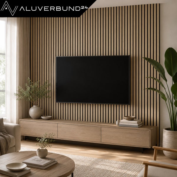 Wohnzimmer mit moderner Holzlamellenwand als Wandverkleidung hinter einem an der Wand montierten Flachbildfernseher und einem Lowboard aus Holz.