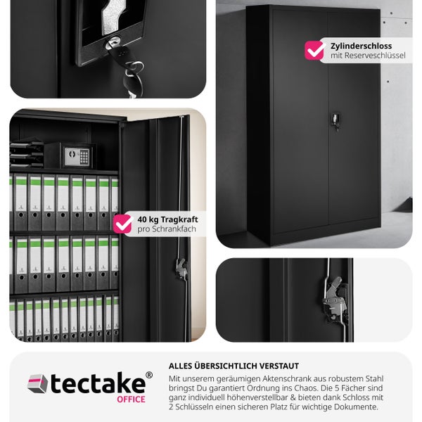 Aktenschrank tectake Blain 180 x 80 x 40 cm aus pulverbeschichtetem Stahl schwarz