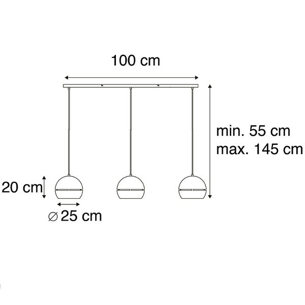 Technische Zeichnung einer Pendelleuchte mit drei Leuchten, Länge 100 cm, Lampenschirmdurchmesser 25 cm, Lampenschirmhöhe 20 cm, Höhe minimal 55 cm, Höhe maximal 145 cm