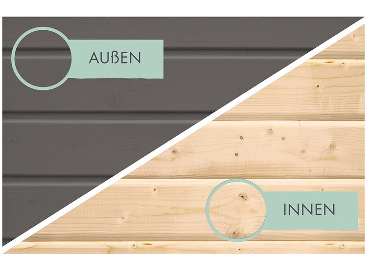 Vergleich von Holzbrettern: Außen behandelt und innen naturbelassen.