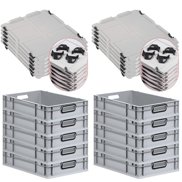 PROREGAL SparSet 10x Eurobox NextGen Color mit Auflagedeckel und Schiebeschnappverschlüsse, HxBxT 12x40x60cm, 23 Liter, Grau, Griffe schwarz offen, Eurobehälter, Transportbox, Transportbehälter, Stapelbehälter
