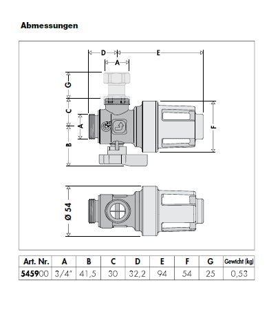 Technische Zeichnung mit Abmessungen für Druckregler 545900. Gewinde A: 3/4 Zoll, B: 41,5, E: 94 Millimeter, Gewicht: 0,53 Kilogramm.