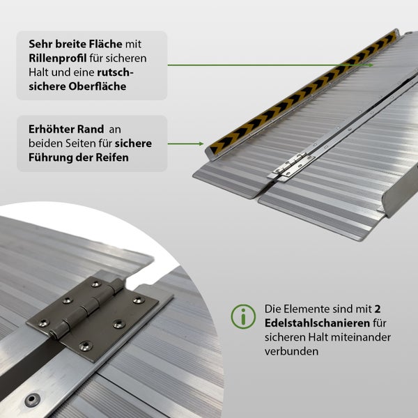 Detailansicht einer Rollstuhlrampe mit breiter Fläche, Rillenprofil, erhöhten Rändern und Edelstahlscharnieren.