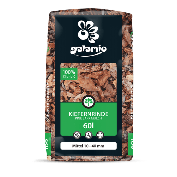 Galamio Kiefernrinde, 60 Liter Sack, Körnung 10 bis 40 mm, 100 Prozent Kiefer.