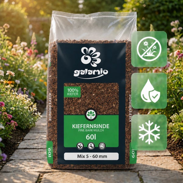 Galamio Logo, Kiefernrinde im 60 Liter Sack, Mix 5 bis 60 Millimeter, 100 Prozent Kiefer, Symbole für Unkrautschutz, Feuchtigkeit und Frostschutz.