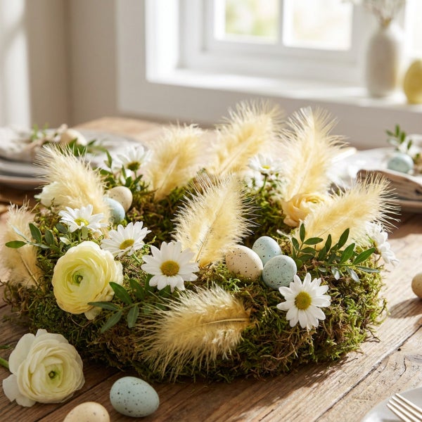 Osterkranz aus Moos dekoriert mit Federn, Gänseblümchen, Ranunkeln und gesprenkelten Ostereiern auf einem Holztisch zur Frühlingsdekoration