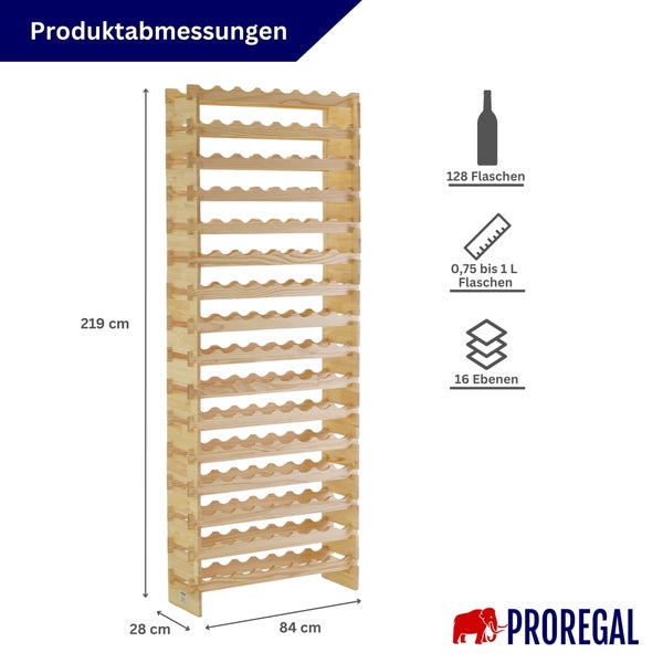Proregal Weinregal aus Holz: zweihundertneunzehn mal vierundachtzig mal achtundzwanzig Zentimeter. Kapazität einhundertachtundzwanzig Flaschen.