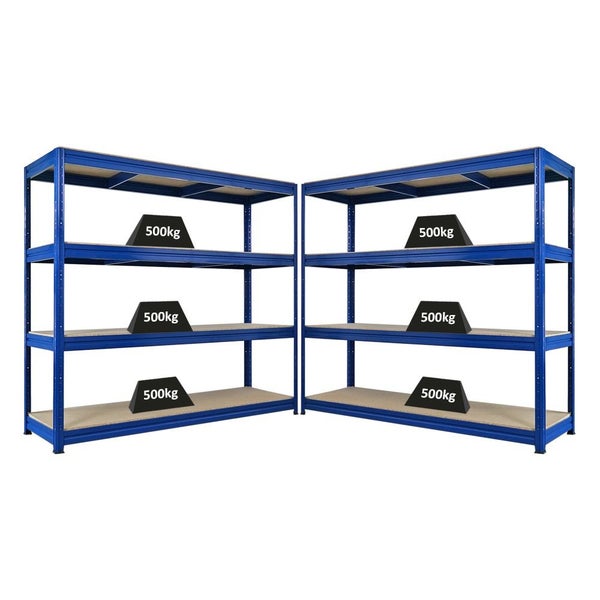 Zwei blaue Schwerlastregale mit je drei Fachböden und einer Belastung von 500 kg.