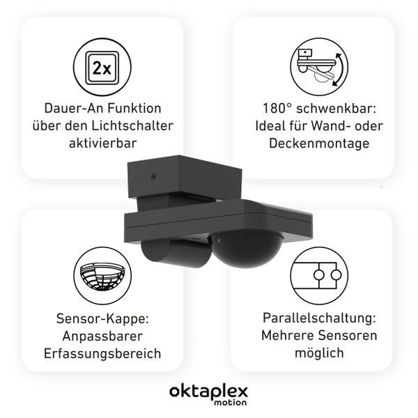 Oktaplex Tea Bewegungsmelder 360 Grad anthrazit IP65 schwenkbar für Wand / Decke