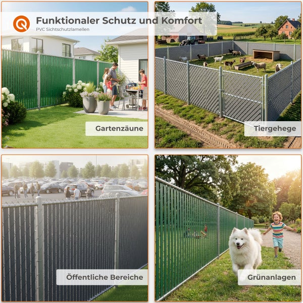 Anwendungsbeispiele für PVC Sichtschutzlamellen für Maschendrahtzäune in Gärten, Tiergehegen, öffentlichen Bereichen und Grünanlagen.