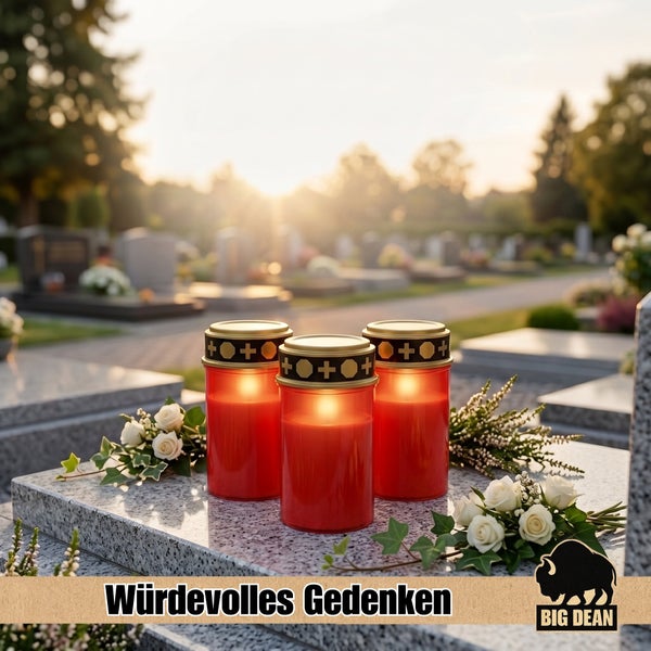 Drei Grablichter auf einem Friedhof mit Blumenarrangements bei Sonnenuntergang für ein würdevolles Gedenken von der Marke Big Dean Logo.