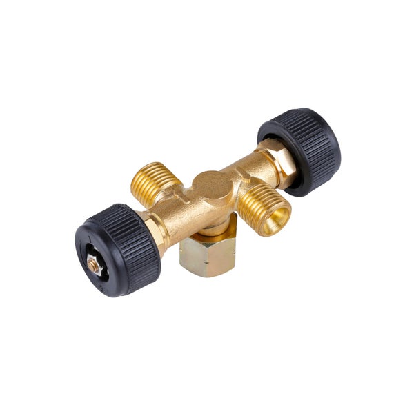 Messing-Verteiler mit zwei schwarzen Drehgriffen und Gewindeanschlüssen.