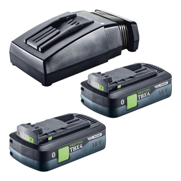 Festool Energie-Set bestehend aus zwei 18 Volt Lithium-Ionen-Akkus mit Bluetooth-Funktion und einem Ladegerät.