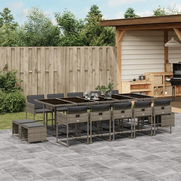 15-tlg. Garten-Essgruppe mit Kissen Grau Poly Rattan