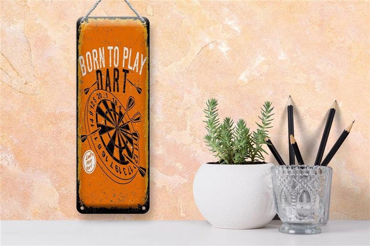 Blechschild Spruch Born to play Dart Let`s play 10x27cm Dekoration
