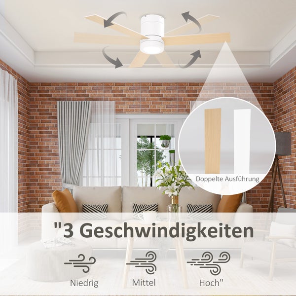 HOMCOM Deckenventilator mit Beleuchtung, Fernbedienung, 48 W Deckenleuchte mit Ventilator, 112 cm leise dimmbar Deckenlampe mit Timer, 3 Geschwindigkeiten, für Wohn-, Schlaf- und Esszimmer, Weiß