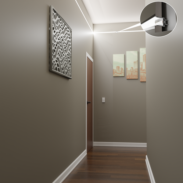 Flur mit indirekter LED-Beleuchtung, Wanddekoration und Bildern