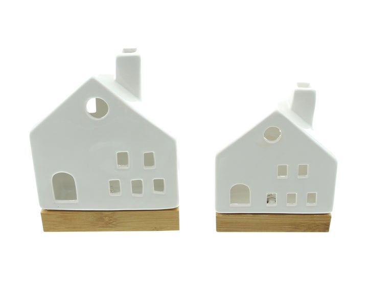 FRANK FLECHTWAREN | LED-Haus White, 2er Set, PORZELLAN, HOLZ, KUNSTSTOFF, 11,5 x 6,5 x 13,5 cm, 13 x 6,5 x 17 cm