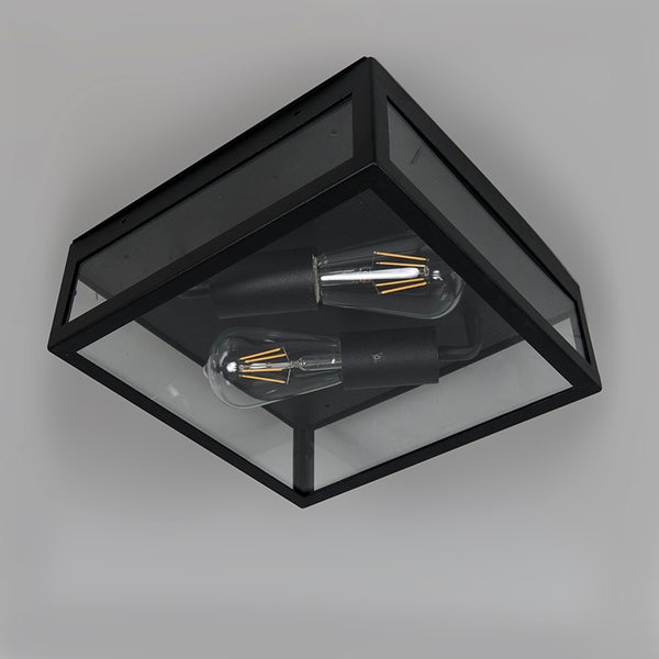 Quadratische Deckenleuchte aus schwarzem Metall mit Glaseinsätzen und zwei LED-Filament-Leuchtmitteln.