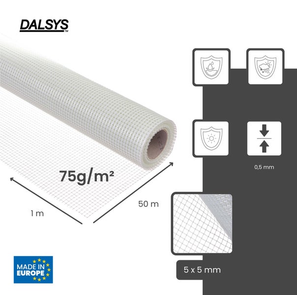 Dalsys Logo, Armierungsgewebe Rolle, 75 Gramm pro Quadratmeter, 1 Meter mal 50 Meter, Masche 5 mal 5 Millimeter, Made in Europe.