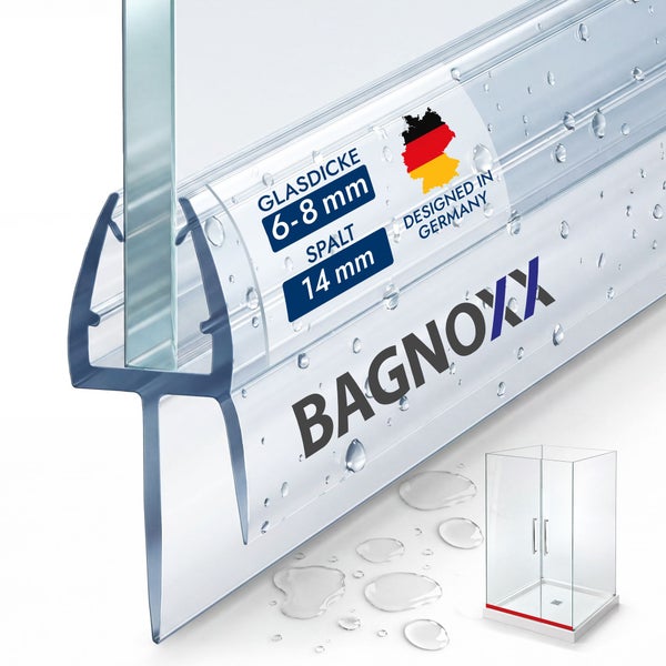 Bagnoxx Duschdichtung für Glasdicke 6 bis 8 Millimeter und einen Spalt von 14 Millimeter, entworfen in Deutschland. Bagnoxx Logo.