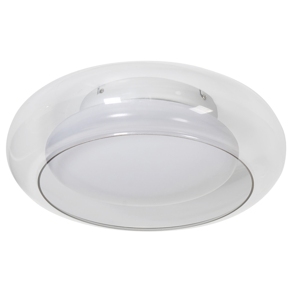 Runde LED Deckenleuchte mit transparentem Glaskörper und integriertem Leuchtmittel für eine gleichmäßige Lichtverteilung