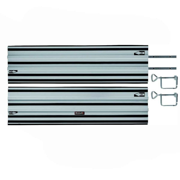 Einhell Führungsschienen Set für Handkreissägen mit zwei Aluminiumschienen, zwei Schraubzwingen und Markierungen für 45 und 90 Grad.
