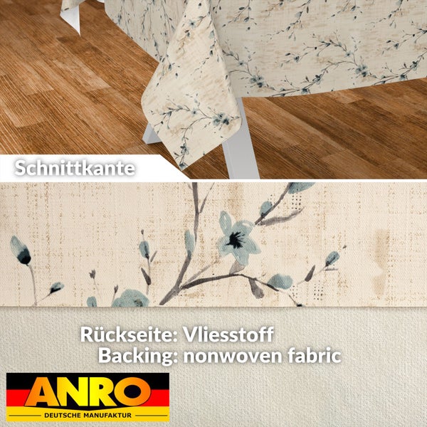 Abwaschbare Tischdecke mit Blumenmuster, Schnittkante, Vlies-Unterseite und ANRO Logo.