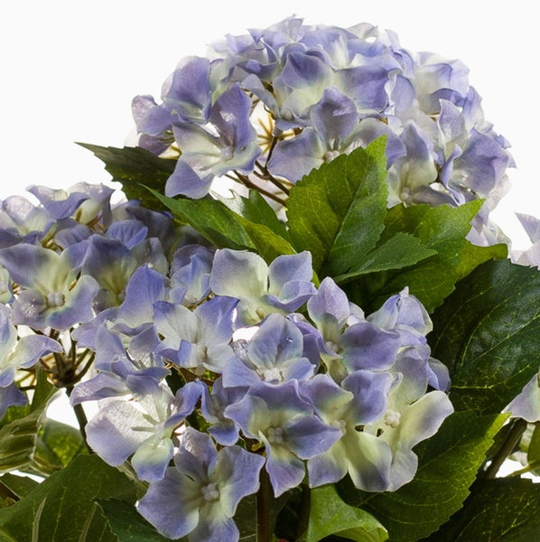 Künstliche Hortensie mit blau-violetten Blüten und grünen Blättern