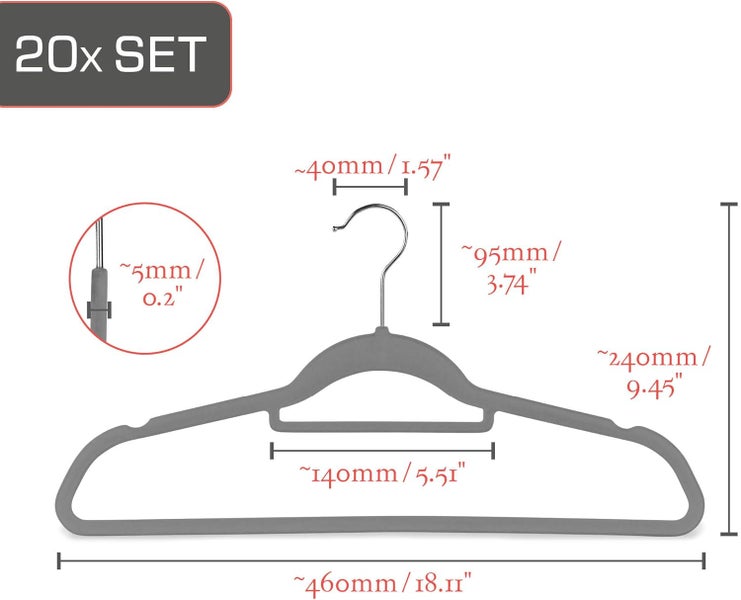 Abbildung einer Kleiderbügel-Größenübersicht im 20er Set