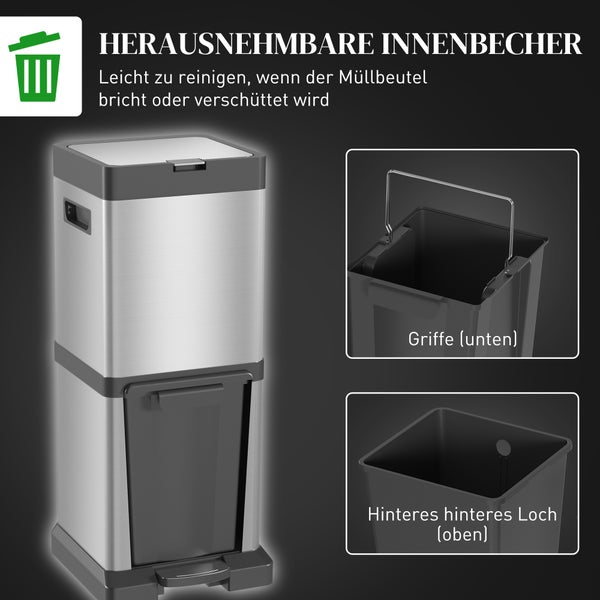 Mülltrennsystem aus Edelstahl mit herausnehmbaren Inneneimern, Griffen und Fixierlöchern für Müllbeutel zur einfachen Reinigung.