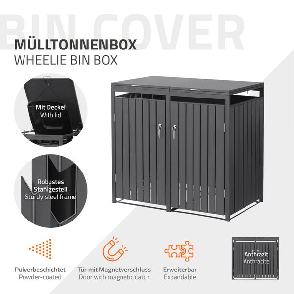 Mülltonnenbox für zwei Tonnen aus pulverbeschichtetem Stahl in Anthrazit mit Deckeln, Türen mit Magnetverschluss und robustem Stahlgestell.