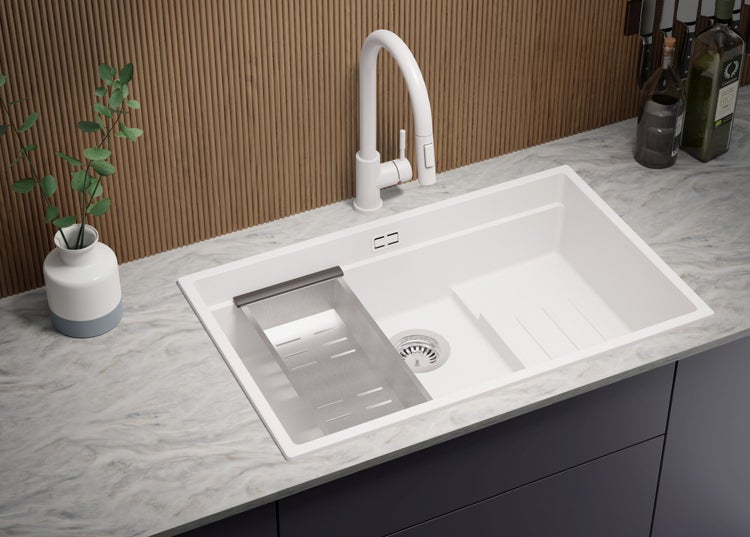 PRIMAGRAN Spülbecken Alles Weiß 76x47cm, Granitspüle 1 Becken + Ablauf-Set + Aufrollbare Abtropffläche, Küchenspüle ab 80er Unterschrank - Praga Slim