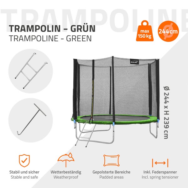 Hauki Trampolin Outdoor, Ø244 cm, Grün, GS geprüft, Rundes Gartentrampolin für Kinder bis 150 kg, Komplettset mit Sicherheitsnetz, Leiter, Randabdeckung, Gepolsterte Stangen, Stabile Kindertrampolin