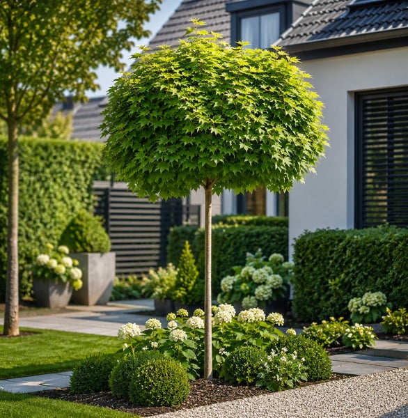Kugelahorn als Hochstamm in einem gepflegten Garten mit Hortensien und Buchsbaumkugeln vor einem modernen Wohnhaus.