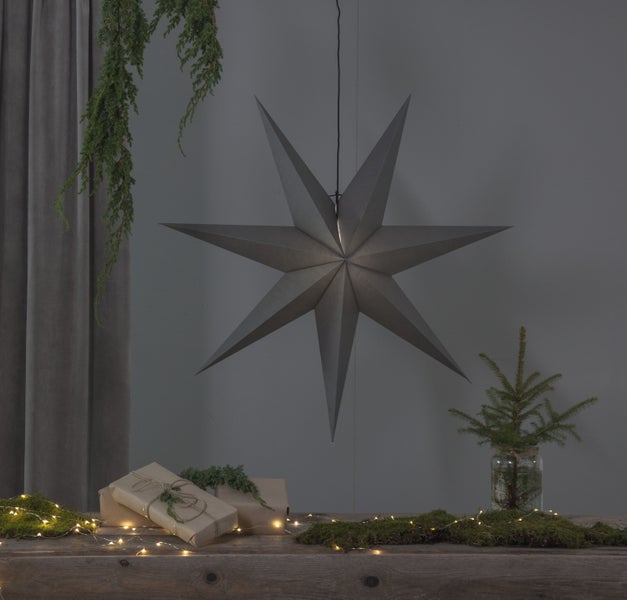 Grauer Papierstern mit Abmessungen.