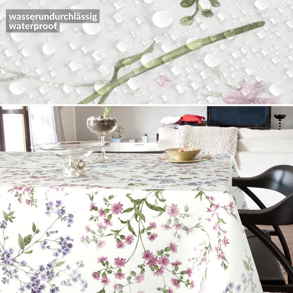 Wasserdichte Tischdecke mit Blumenmuster auf einem Tisch im Wohnzimmer