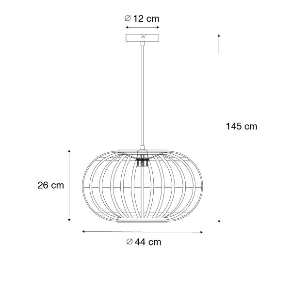Technische Zeichnung einer Hängelampe mit den Maßen: Durchmesser oben 12 cm, Durchmesser unten 44 cm, Höhe 26 cm, Gesamthöhe 145 cm.