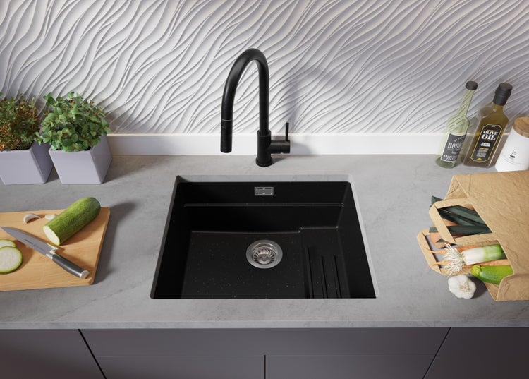 PRIMAGRAN Unterbauspüle Granit Schwarz Metallic 56x47cm, Spülbecken 1 Becken + Küchenarmatur 32x20cm + Ablauf-Set + Aufrollbare Abtropffläche, Granitspüle ab 60er Unterschrank - Praga