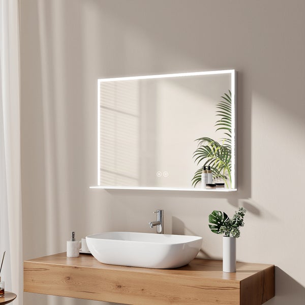 EMKE Badspiegel mit Ablage, Spiegel mit Beleuchtung Beschlagfrei 6400k Lichtspiegel Wandspiegel mit Touch, Kaltweiß (Modell O) 80x60 cm