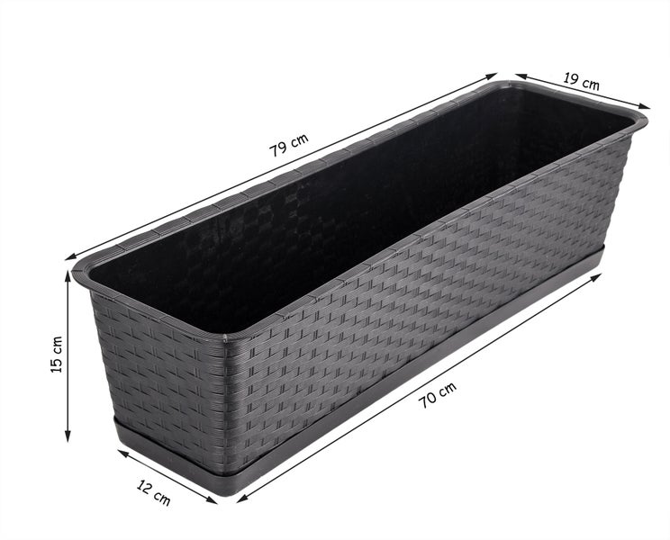 BigDean Blumenkasten mit Untersetzer 80 cm lang Rattan-Optik anthrazit - aus PP-Kunststoff - Balkon Pflanzkasten schmal Balkonkasten